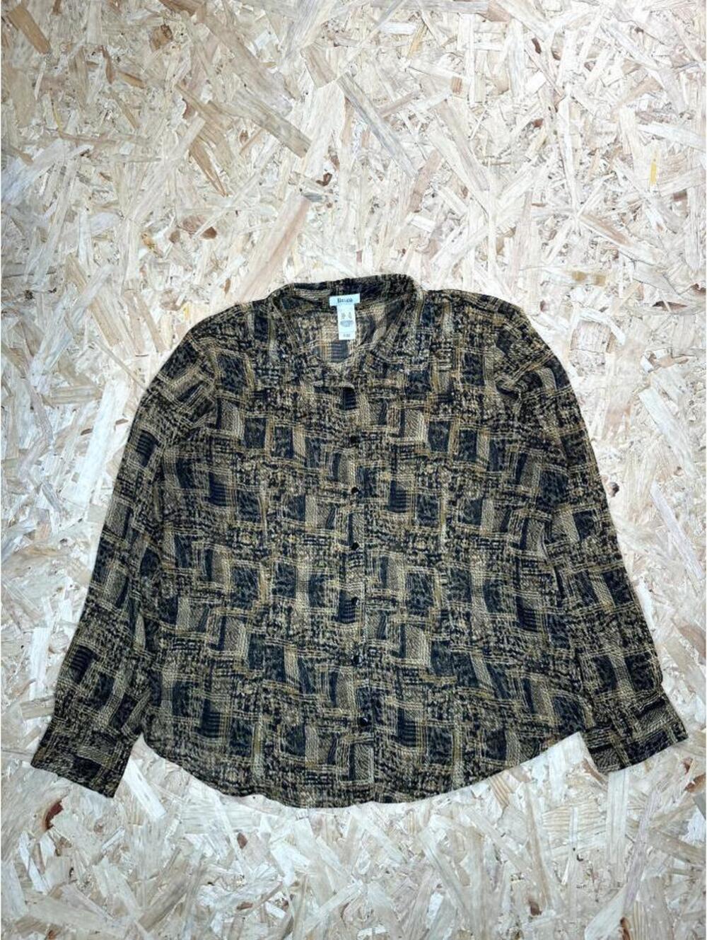 Liz & Co Sheer Blouse Womens XL Brown Black Geometric Abstract Button Up Shirt